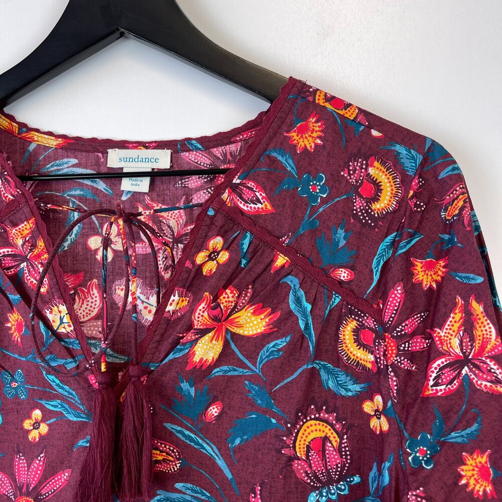 Sundance PM Petite M Cotton Floral Shift Maroon Red Dress A-Line 3/4 Sleeve - Picture 3 of 11